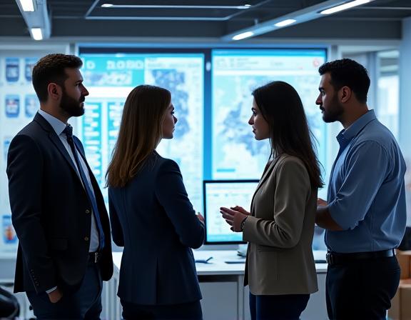 Das Expertenteam von Krawlyat in einer Besprechung vor Monitoren mit Kartendaten